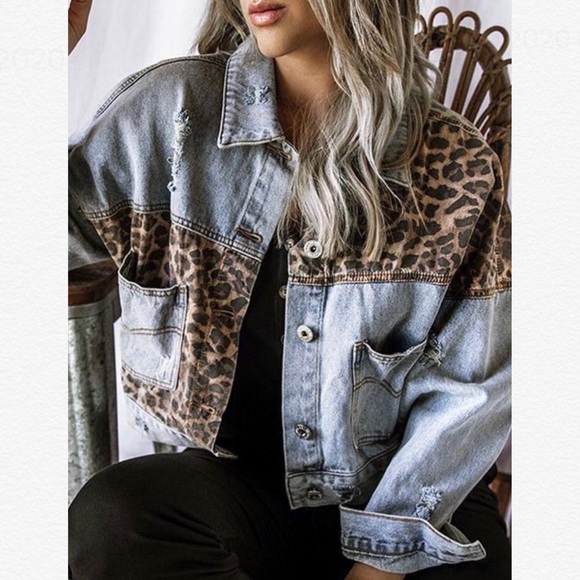 RESTOCKED ~ CONTRAST LEOPARD PRINT DENIM JACKET - Picture 8 of 10